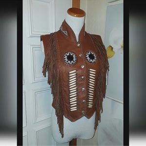 Native American Genuine Leather Beaded Indian Bone Fringe Cowgirl Vest